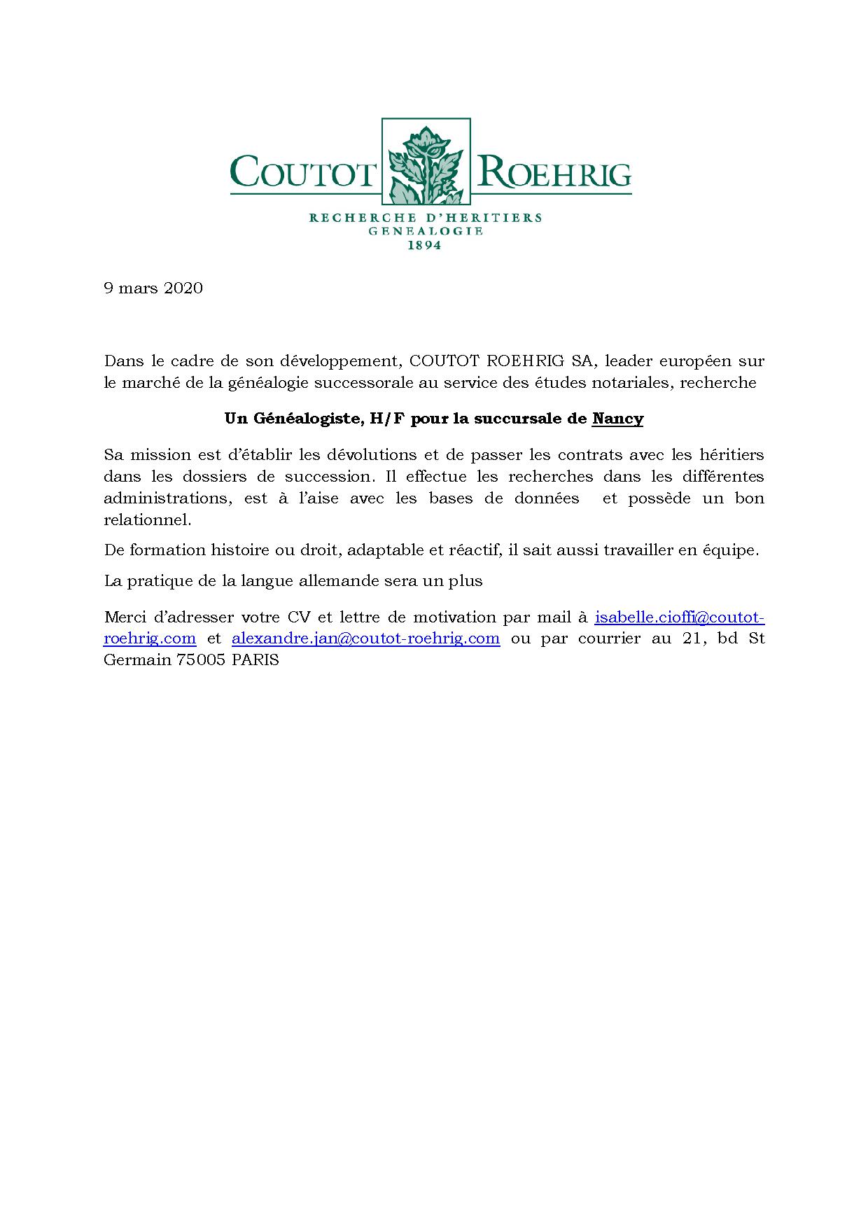 Candidature pour un stage volontaire en office notarial cher. Coutot Roehrig Sas On Twitter Coutot Roehrig Recherche Pour Sa Succursale De Nancy Un Genealogiste Recrutementgenealogiste Recrutementcoutotroehrig Recrutementnancy Genealogiesuccessorale Chasseursdheritiers Coutotroehrig Https T Co