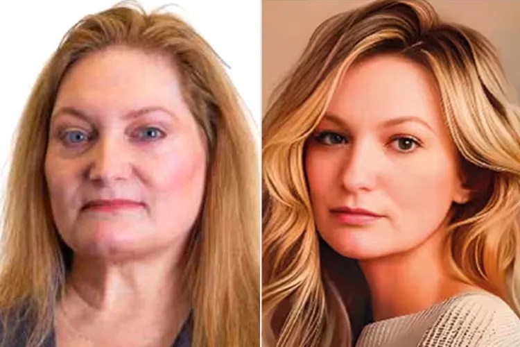 Side-by-side portraits of a woman with long blonde hair; on the left, she appears older with minimal makeup, on the right, she looks younger with smoother skin, subtle makeup, and styled hair.