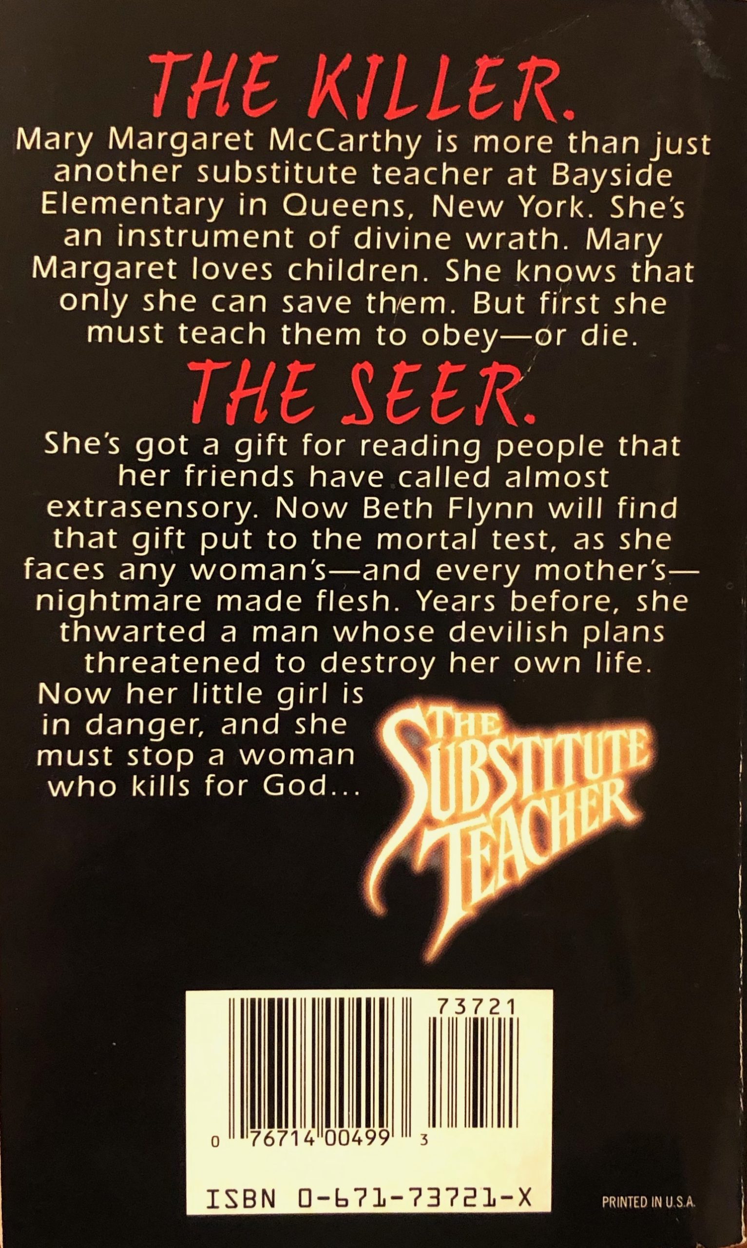 Back cover of a paperback copy of "The Substitute Teacher."