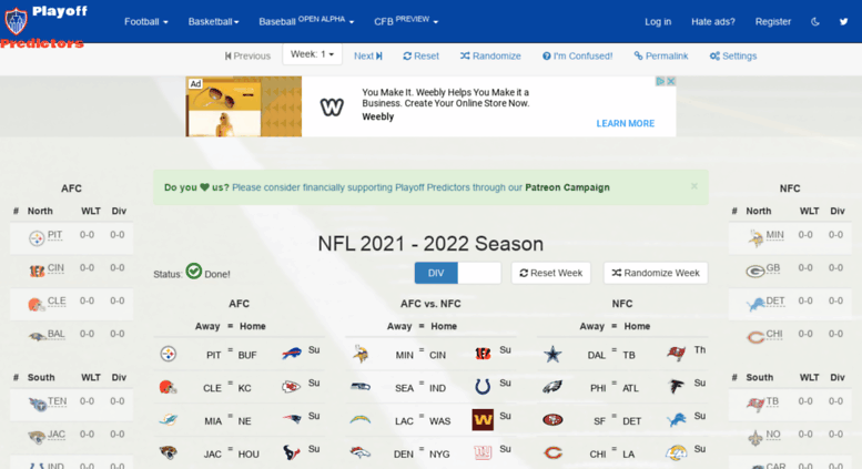 Sign up for the pro football digest. Access Nflplayoffpredictor Com Nfl Playoff Predictor Nfl 2021 2022 Season Playoff Predictors