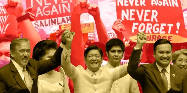 Collage of proclamation of Bongbong Marcos as President and protests