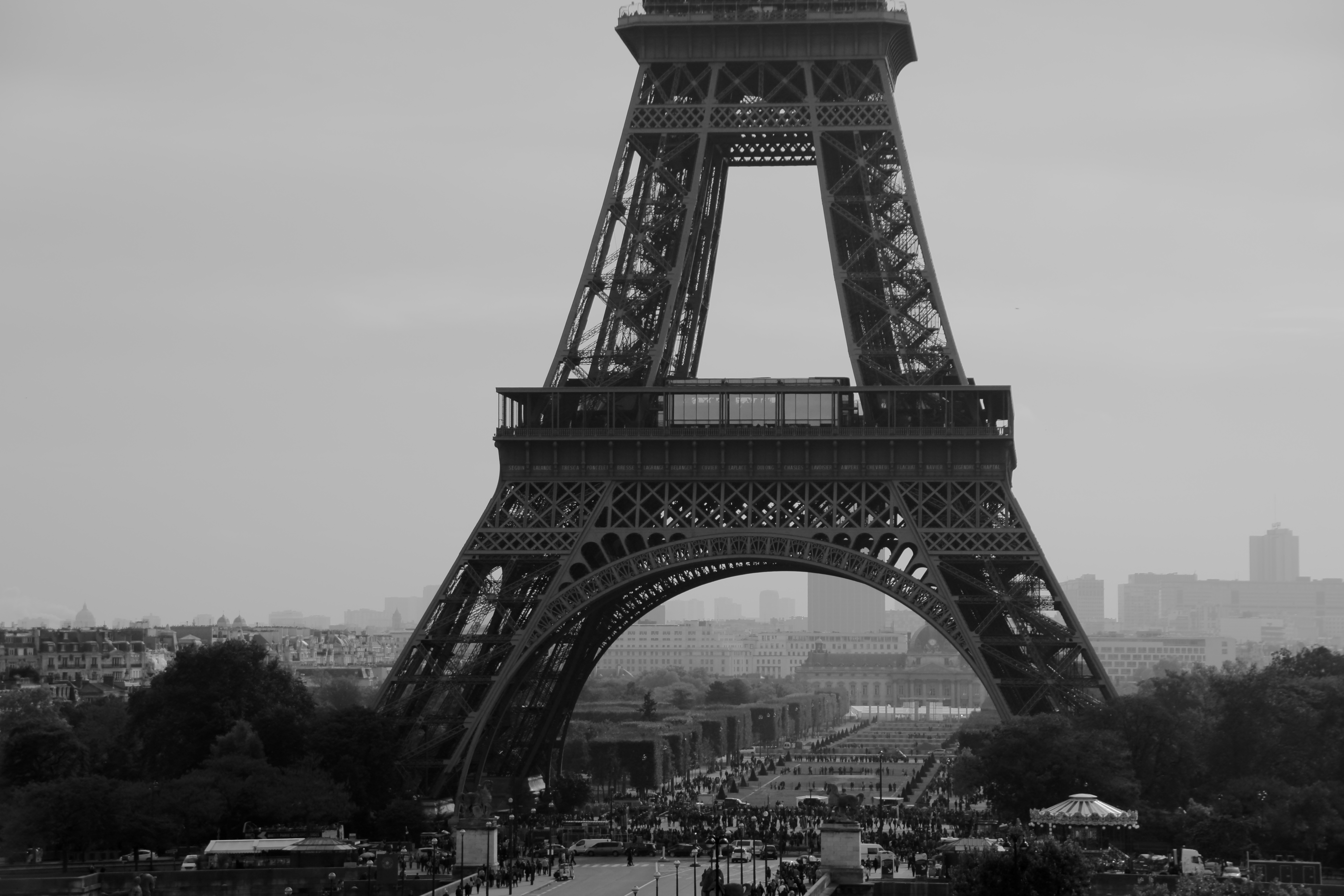 City View Through The Eiffel Tower In Black And White Background Free Image Download 3396_X_5094_jpg