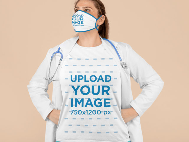 Layered and editable psd file, easy to replace your design with a . T Shirt Mockup Featuring A Physician Wearing A Sublimated Face Mask At A Studio Placeit