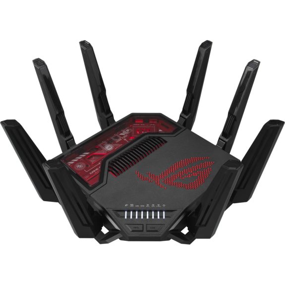 Router quad-band ASUS ROG Rapture GT-BN98 cu 16 antene interne și 8 externe, evidențiind tehnologia WiFi 8 și sistem mesh WiFi avansat. | sursa foto: PlayTech Router quad-band ASUS ROG Rapture GT-BN98 cu 16 antene interne și 8 externe, evidențiind tehnologia WiFi 8 și sistem mesh WiFi avansat. | sursa foto: PlayTech