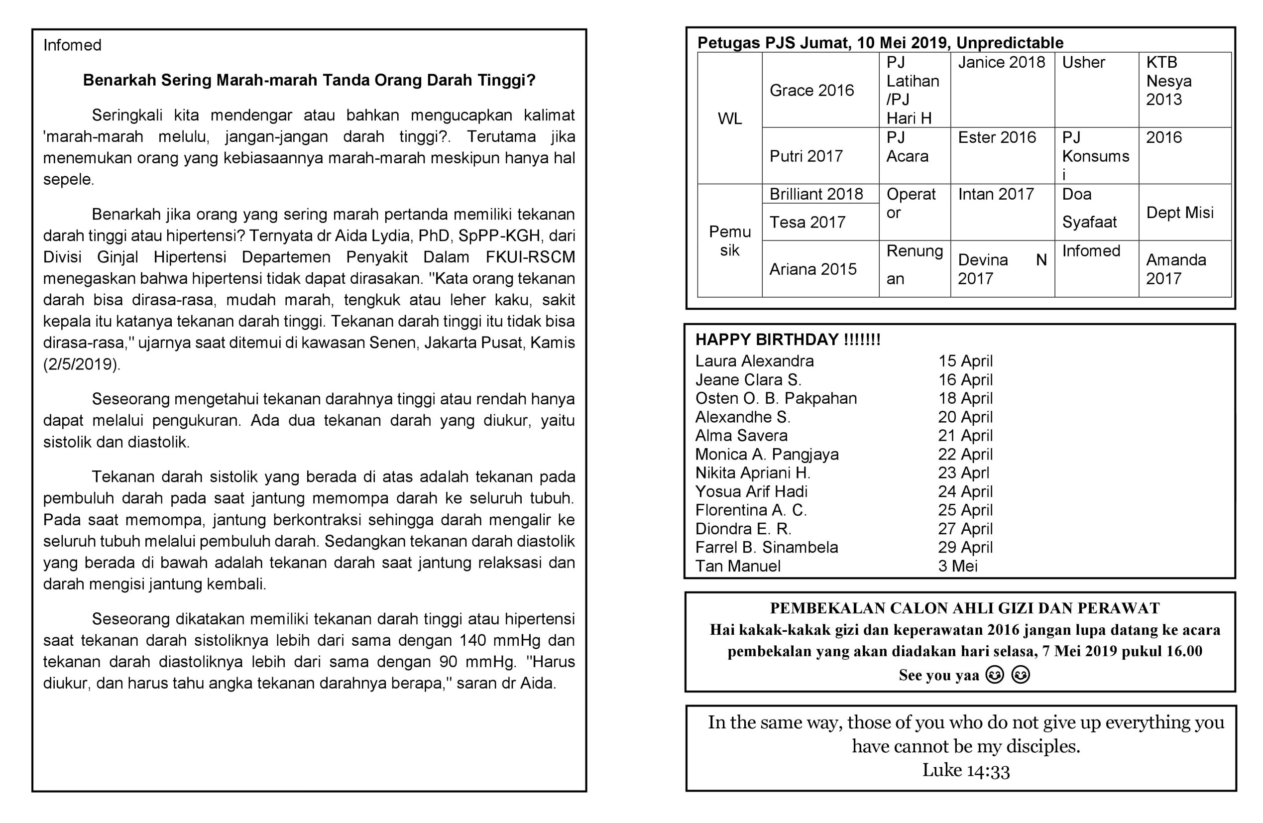 Marilah kita kongsi bersama ilmu . Warta 3 Mei 2019 Persekutuan Mahasiswa Kristen Fakultas Kedokteran Universitas Diponegoro