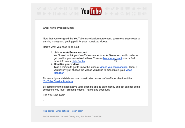 YouTube Email to Link Google Adsense Account