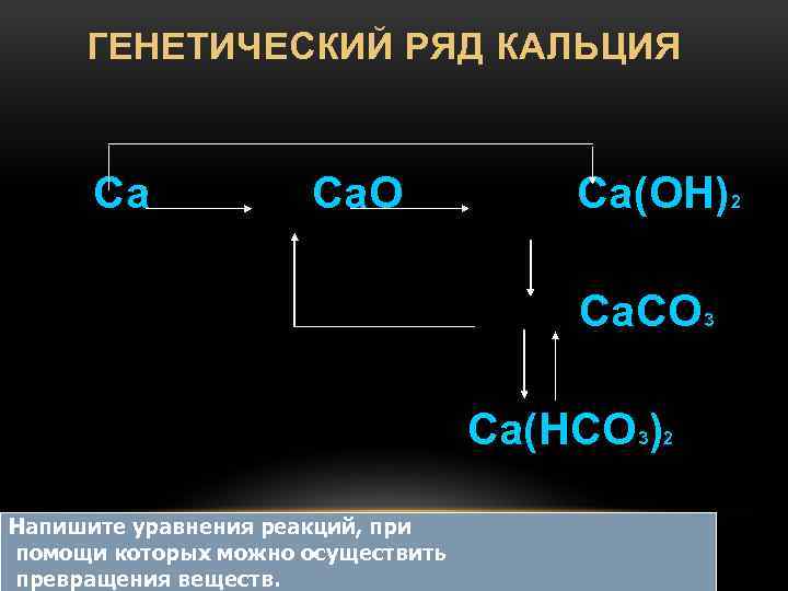 Составьте генетический ряд кальция по предложенной схеме и запишите соответствующие уравнения