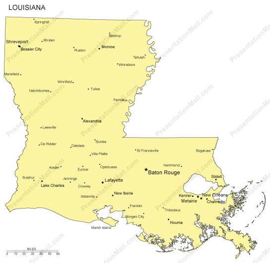 Free digital louisiana outline blank map in fully editable, adobe illustrator and pdf vector format. Louisiana Outline Map With Capitals Major Cities Digital Vector Illustrator Pdf Wmf