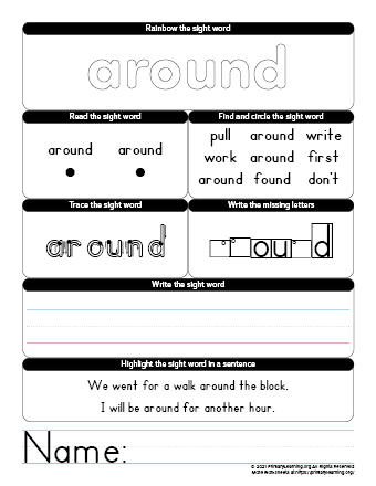 around sight word worksheet primarylearning org
