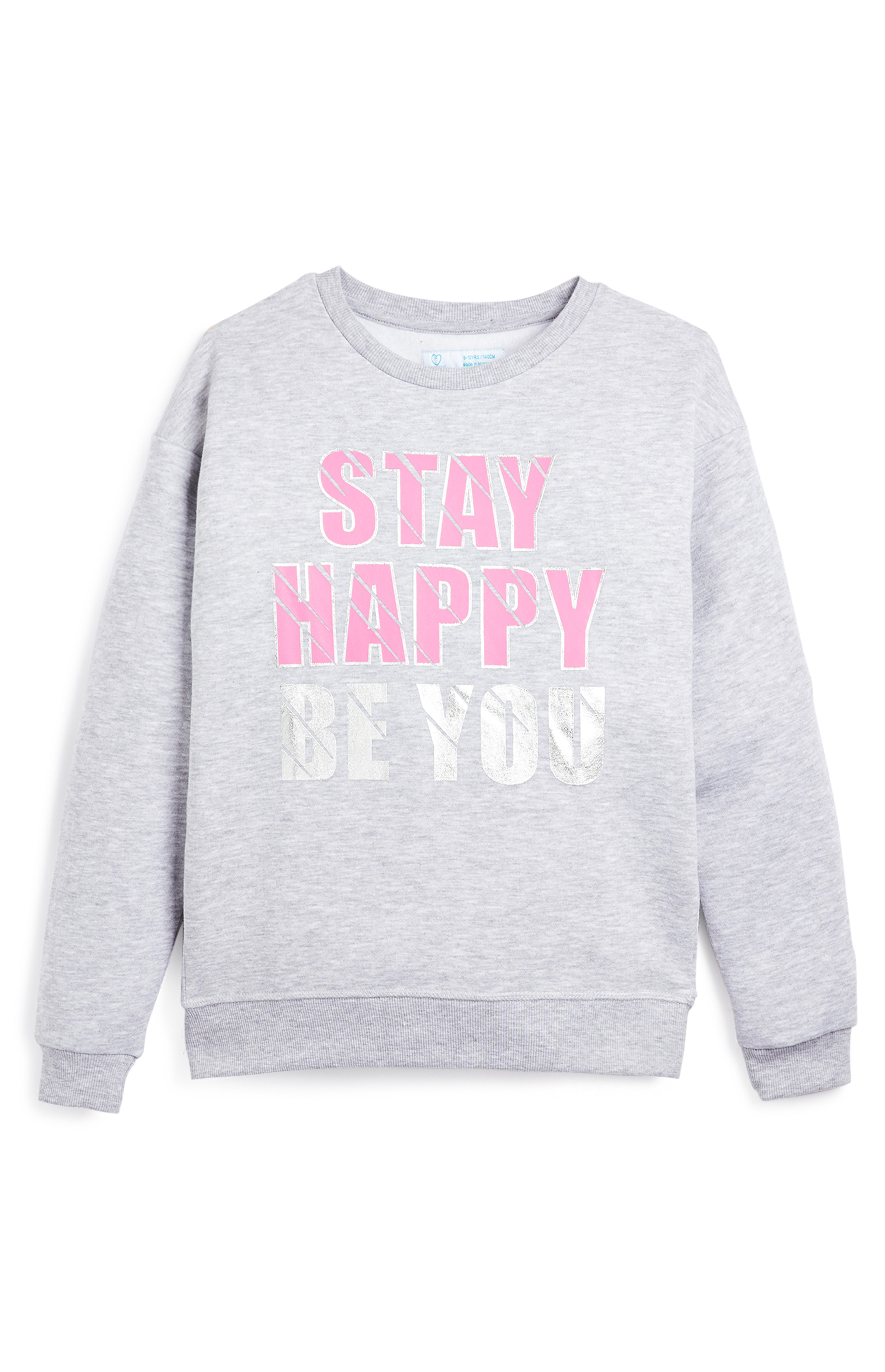 De sieraden van yo design hebben strakke lijnen en door onder andere zirkonia's te gebruiken wordt er een extra. Grijs-roze meisjestrui met ronde hals Stay Happy Be You