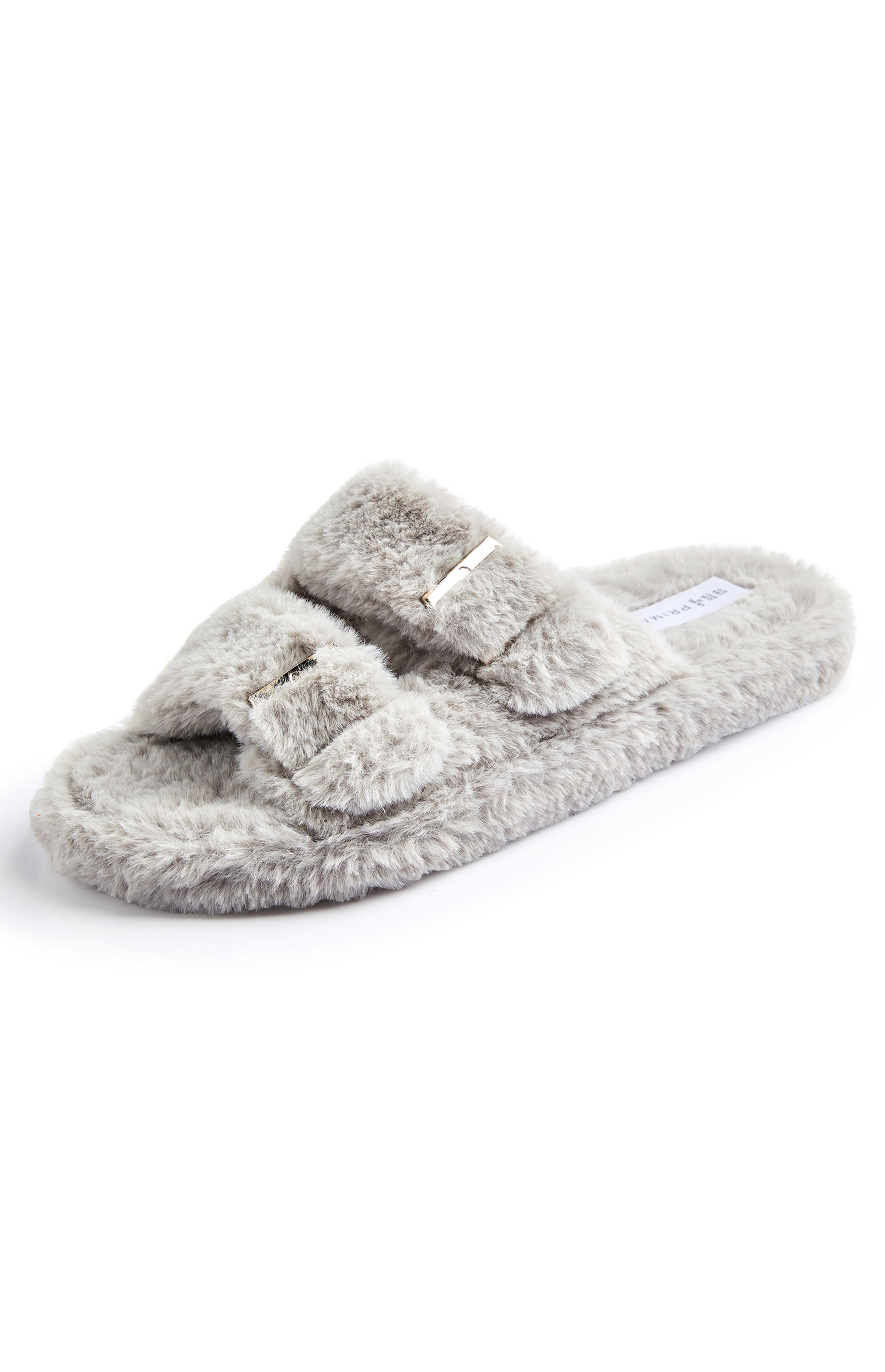 Chinelos abertos fivela dupla imitação pelo cinzento