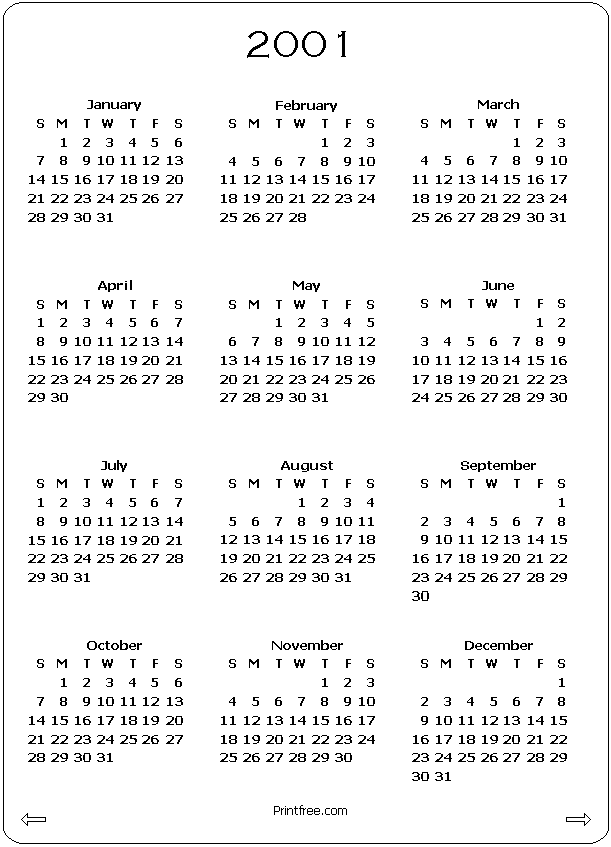 2001 calendar