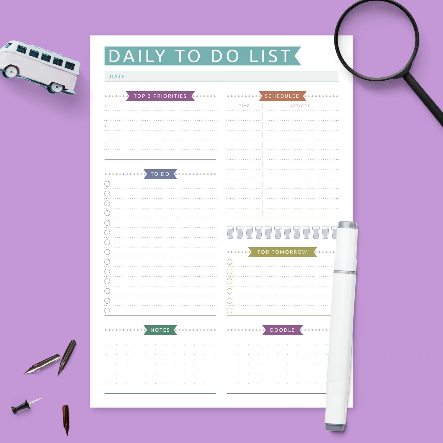 daily to do list colored with hourly schedule template printable pdf