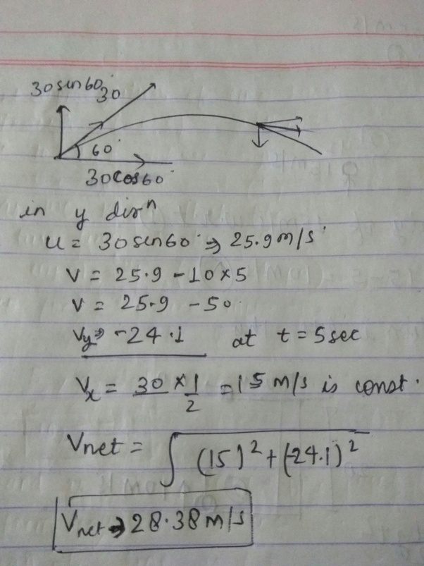 A projectile's motion can be described in terms of velocity,. A projectile is launched with an initial velocity of 30m/s