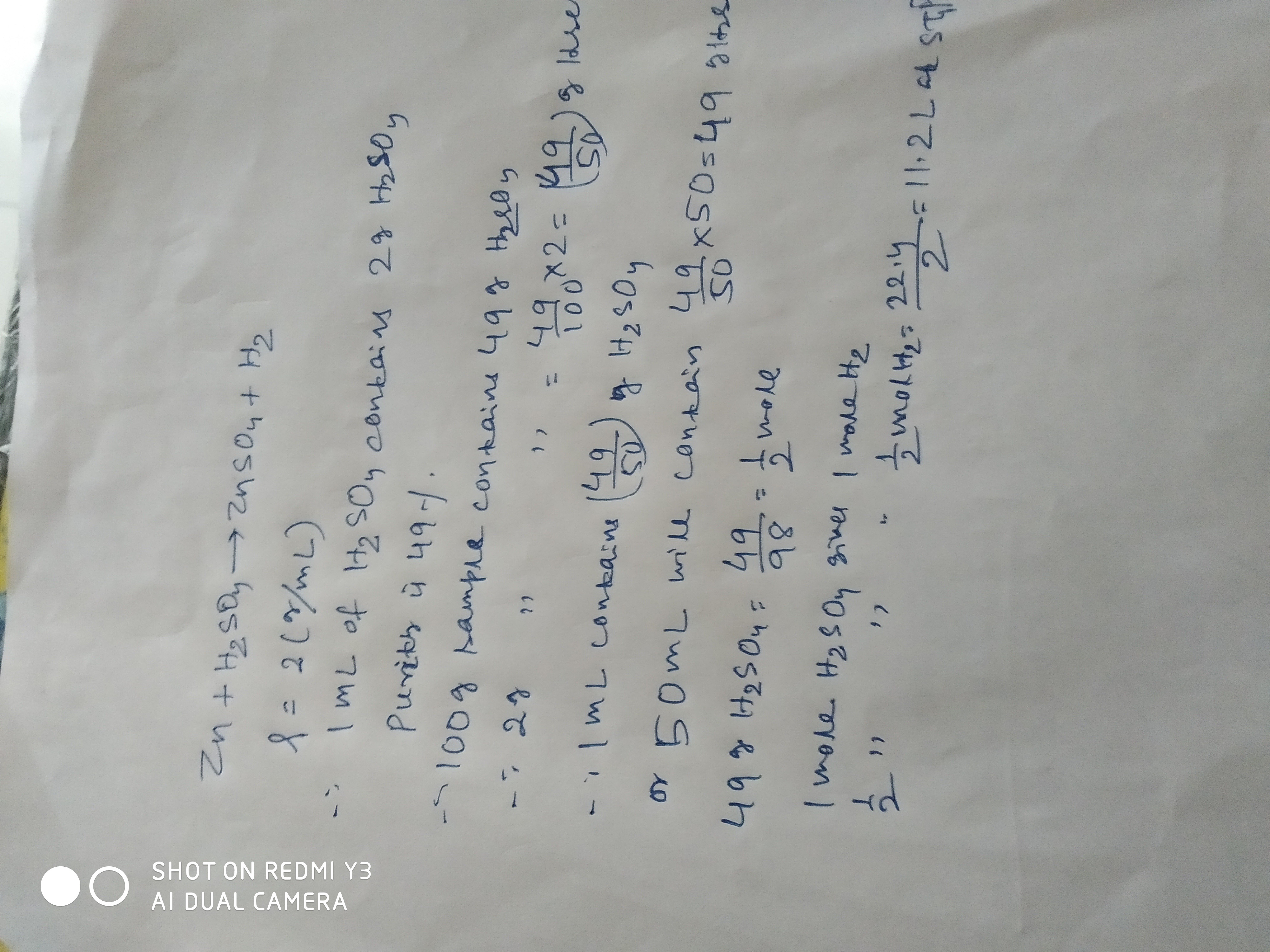 Berapa volume gas hidrogen (pada STP) yang akan dibebaskan oleh reaksi  kelebihan Zn pada 50 mL H2SO4 encer dengan berat jenis = 2 (g/ml) dan  persentase b/b 49%? - Quora