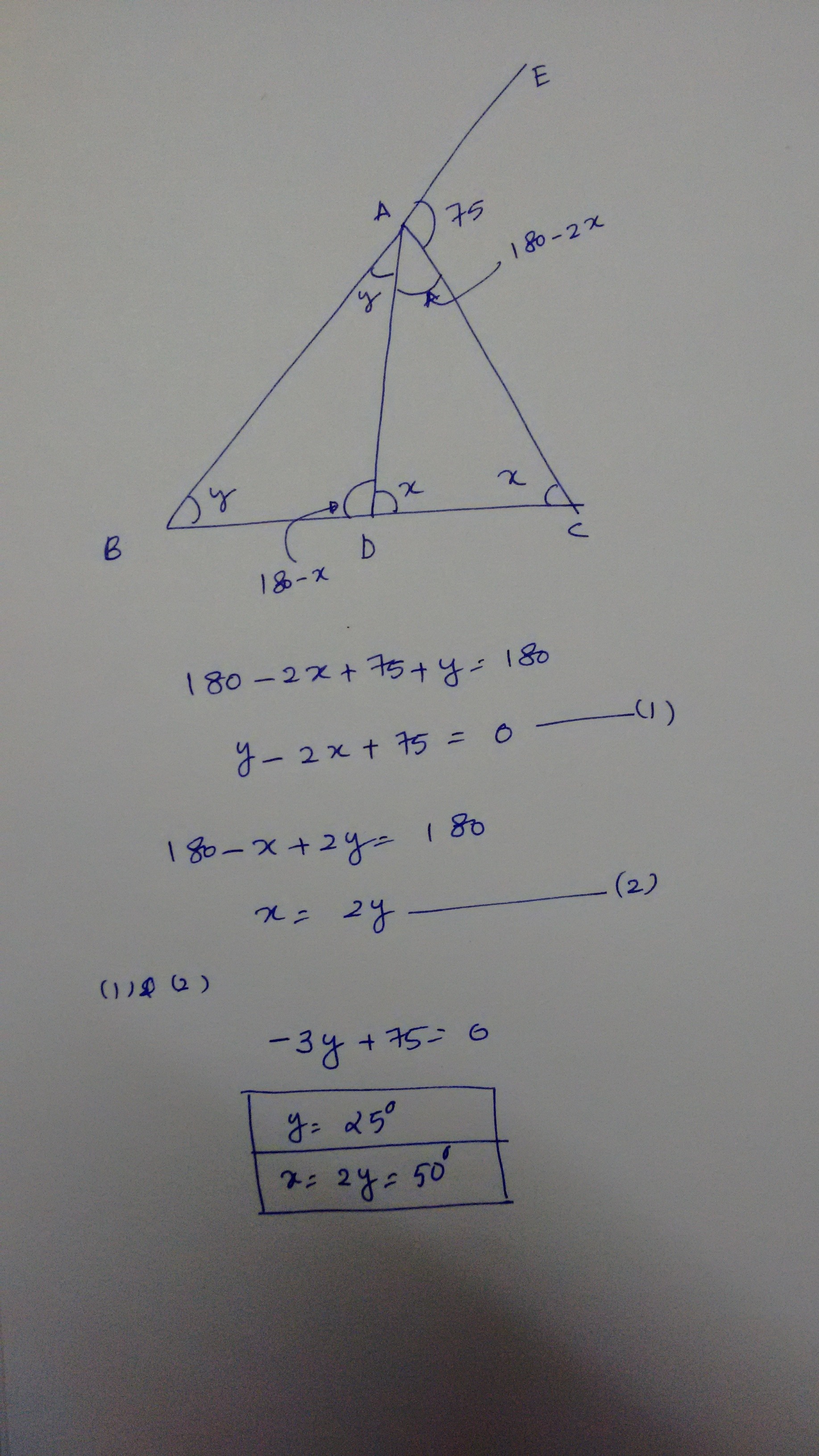 ABC adalah segitiga. A menyentuh BC di D. Sudut EAC adalah sudut luar. AD=  BD = AC; sudut CAE = 75 derajat. Berapakah nilai sudut ACD? - Quora