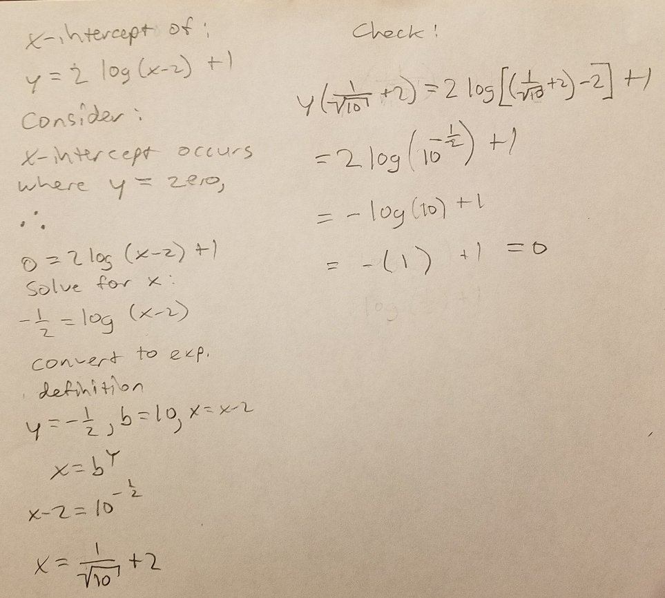 How to find the x intercept of y=2log(x-2)+1 - Quora