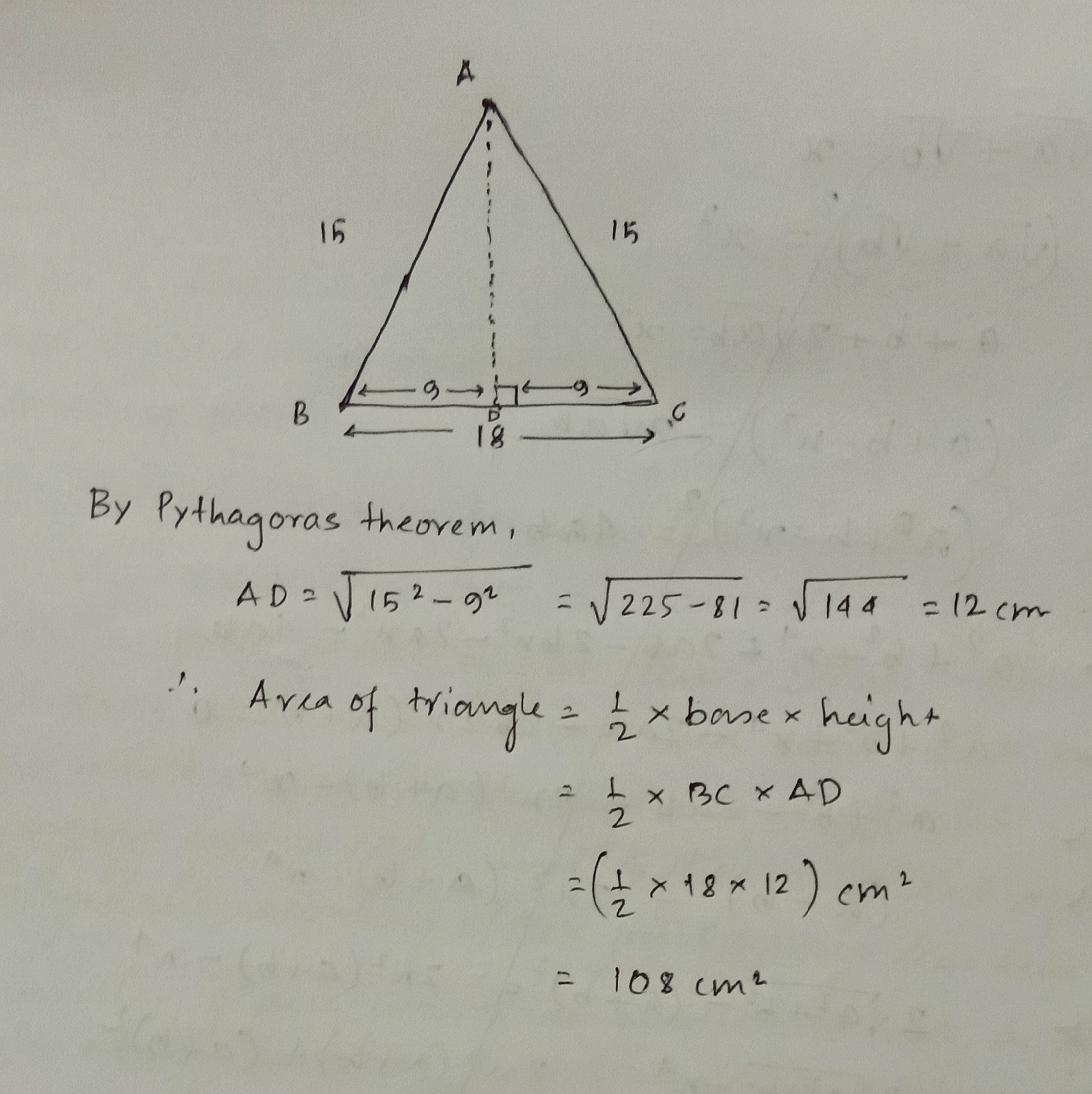 Bagaimana cara mencari luas segitiga sama kaki yang alasnya 18 cm dan salah  satu sisinya sama panjang 15 cm - Quora