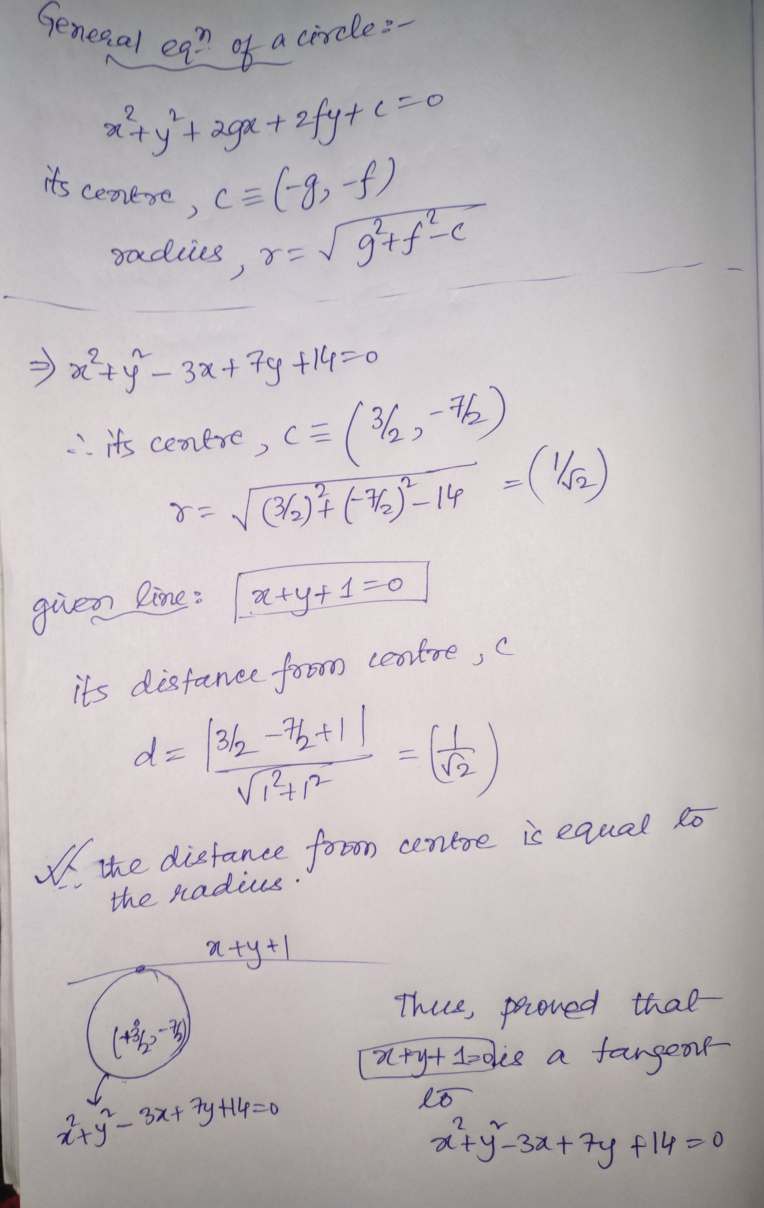 Bagaimana cara menunjukkan bahwa x+y+1=0 menyentuh lingkaran x^2+y^2-3x+7y+14=0  dan menemukan titik kontaknya - Quora