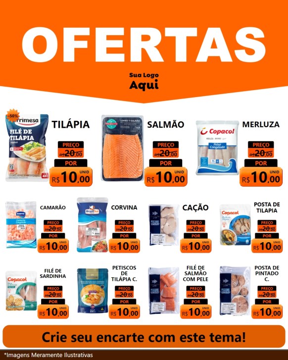Modelo de Rede Social para Feed Instagram com o tema Ofertas Laranja Cartaz para Peixaria