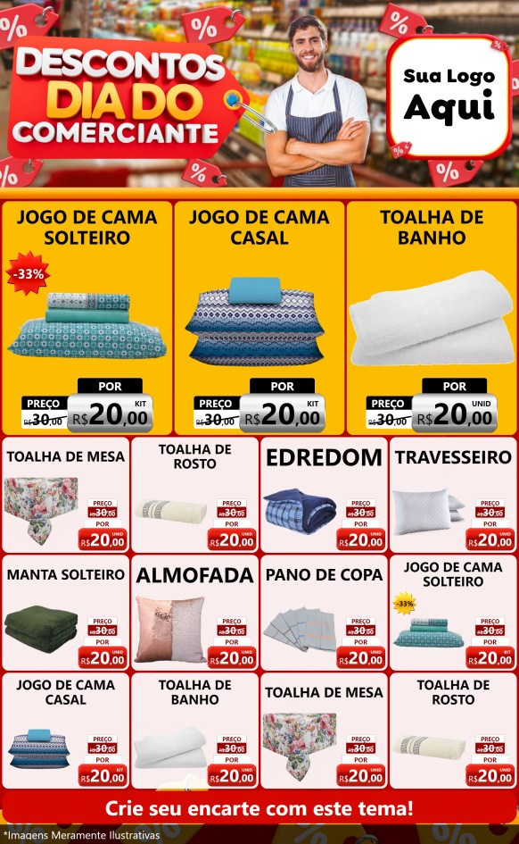 Modelo de Encarte para Encarte Grande com o tema Descontos Dia do Comerciante para Cama, Mesa e Banho
