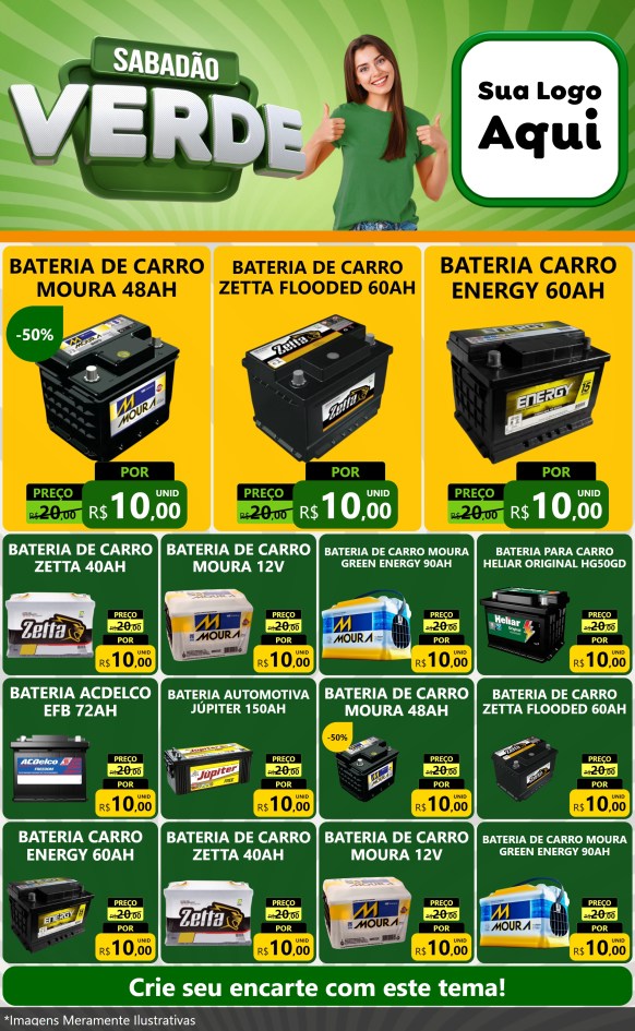 Modelo de Encarte para Encarte Grande com o tema Sabadão Verde para Baterias Elétricas