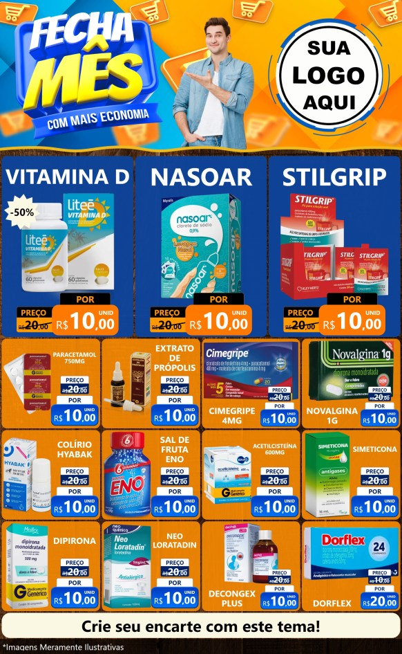 Modelo de Encarte para Encarte Grande com o tema Fecha Mês Com Mais Economia para Farmácia