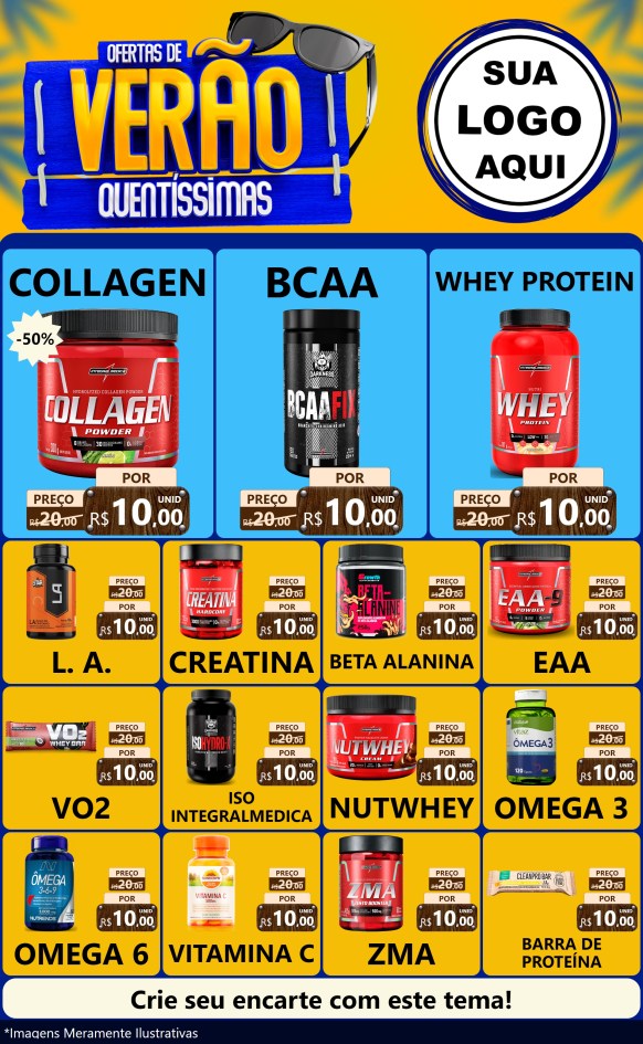 Modelo de Encarte para Encarte Grande com o tema Ofertas de Verão Quentíssimas para Suplementos alimentares