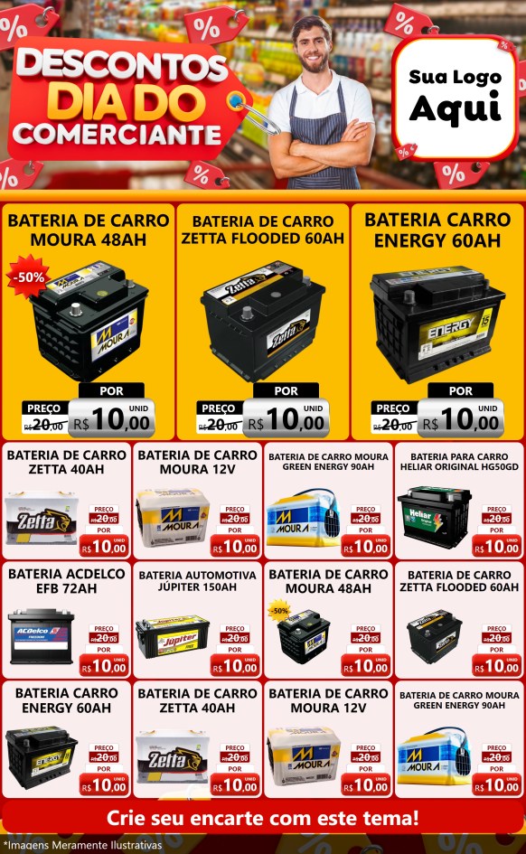 Modelo de Encarte para Encarte Grande com o tema Descontos Dia do Comerciante para Baterias Elétricas