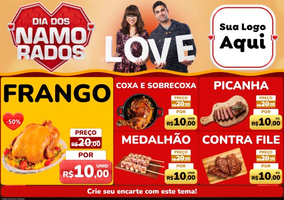 Modelo de Encarte para Encarte A4 Horizontal com o tema Dia dos Namorados para Assados