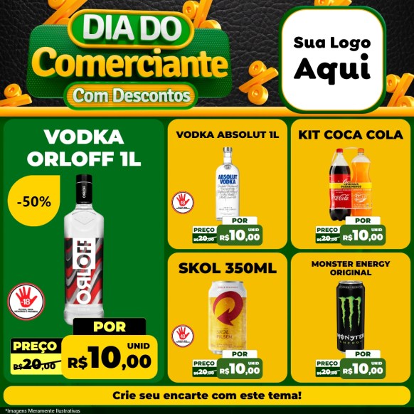 Modelo de Rede Social para Feed Facebook com o tema Dia do Comerciante com Descontos para Distribuidora de bebidas