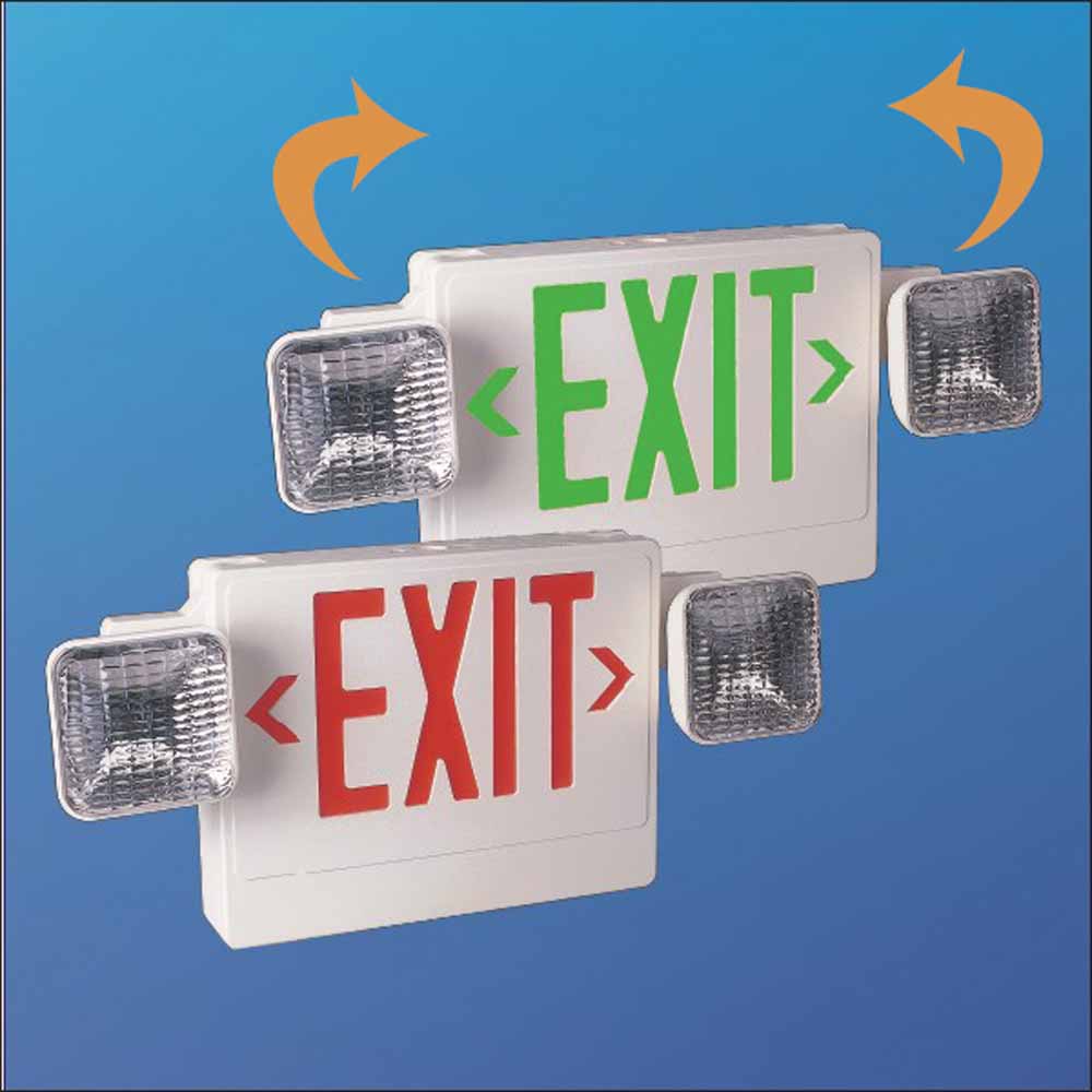 LED Exit Sign with Emergency Light combo; white enclosure; Wall, side, or ceiling mount; Single LED Exit Sign with Emergency Light combo; white enclosure; Wall, side, or ceiling mount; Single