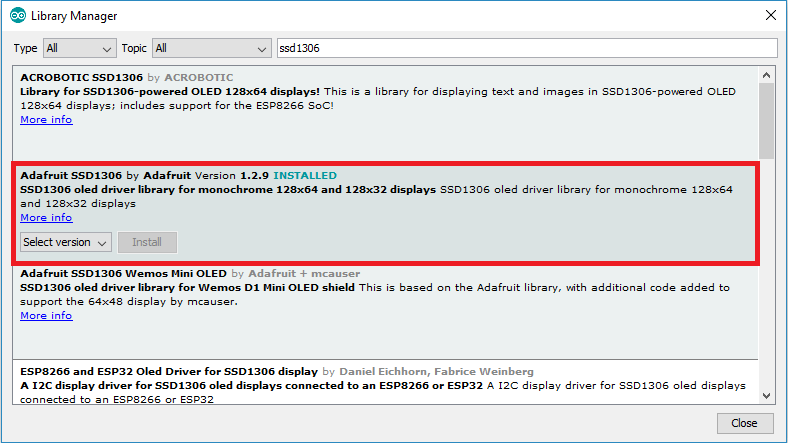 Installing the Adafruit SSD1306 library for OLED display Arduino IDE