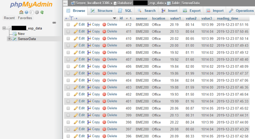 ESP32 ESP8266 Weather Station SensorData Table MySQL PHPMyAdmin