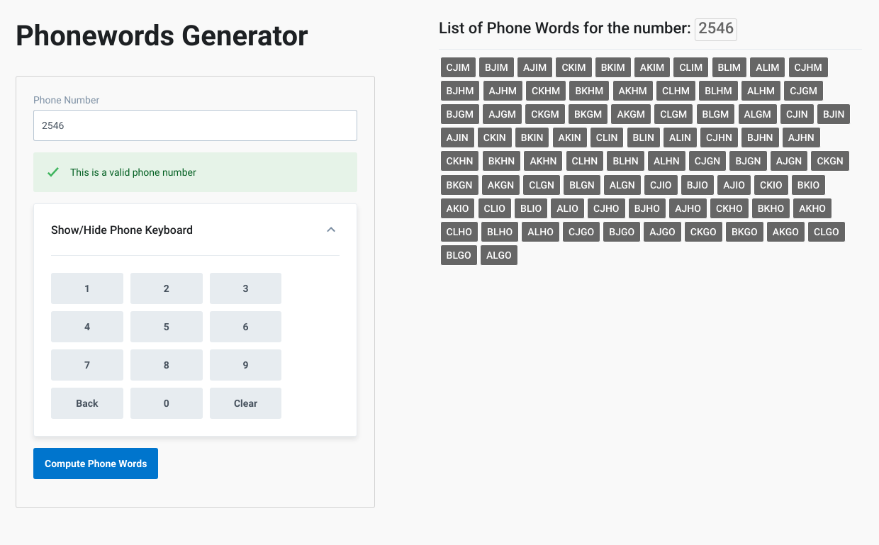 Node.js, java, python, and more. Phonewords Generator Fullstack