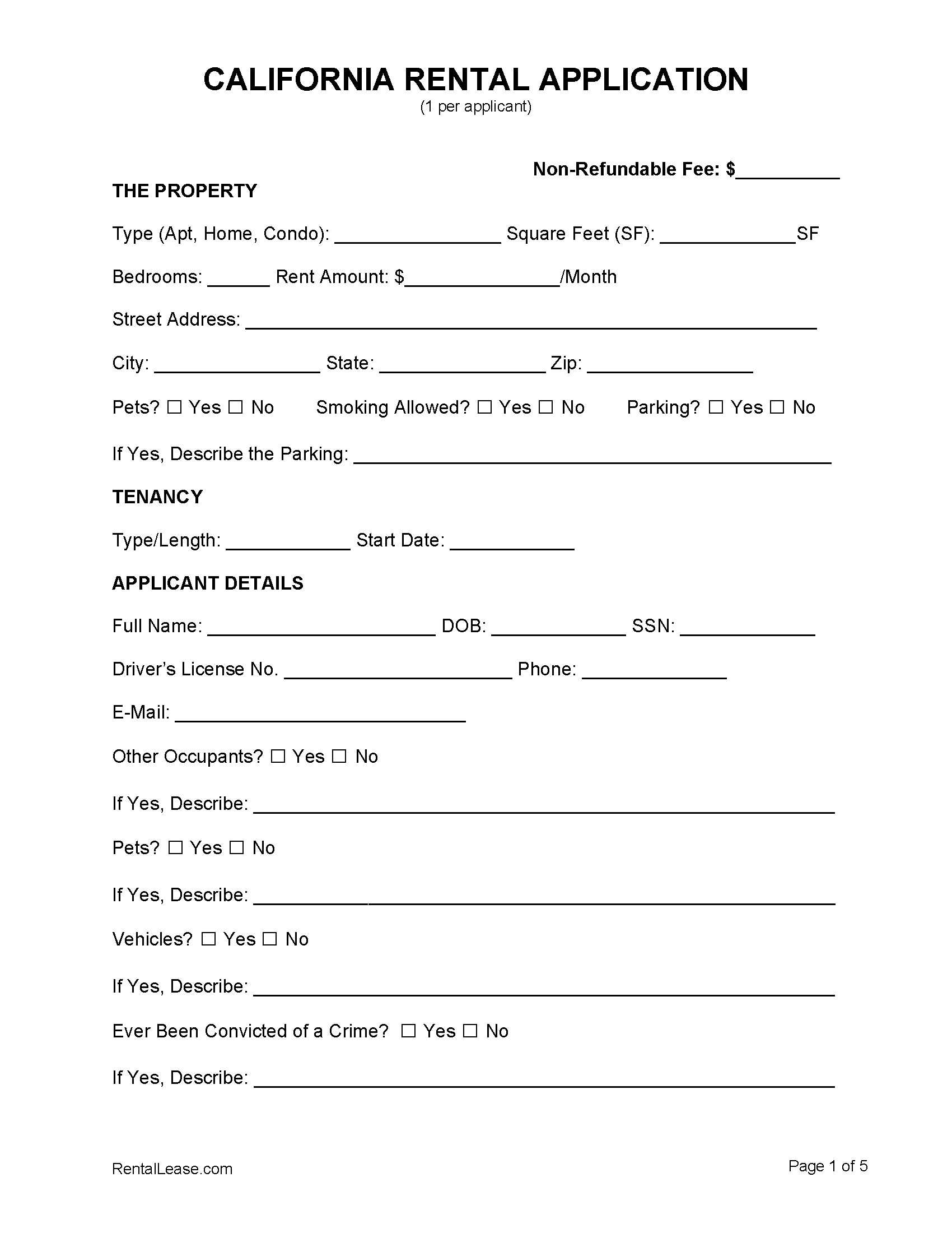 free california rental application template pdf word