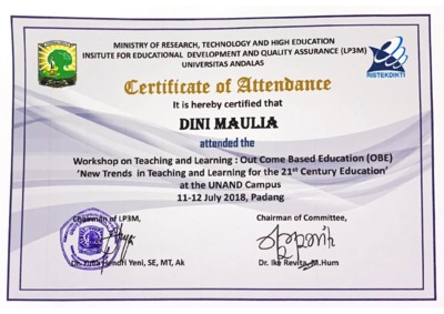 Ya, sertifikat piagam penghargaan merupakan bukti dimana seseorang telah mengikuti suatu kegiatan pelatihan, kegiatan workshop, kegiatan seminar . Sertifikat Peserta Pelatihan Obe Document Repository Universitas Andalas