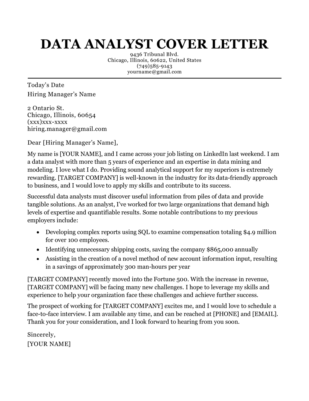 Business Analyst Cover Letter