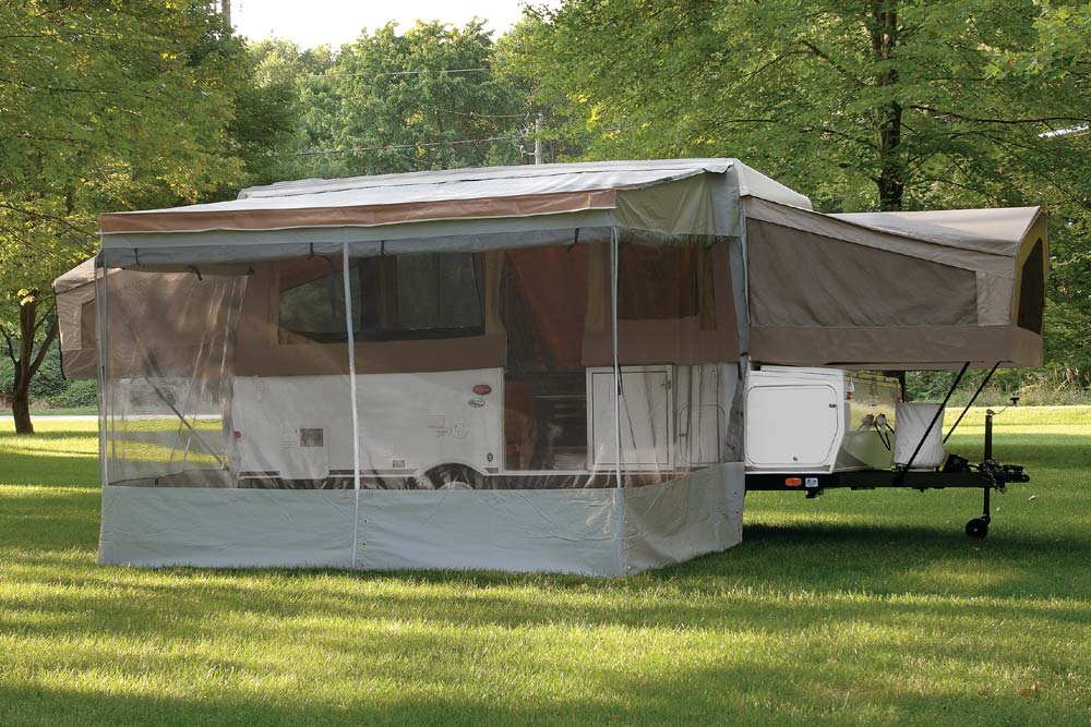 A great easy way to go camping is to have a bed platform with storage underneath in a truck bed with a shell. Screen Room for Trim Line Awning | PopUpPortal