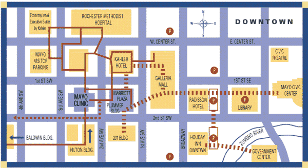 Take the skyway crossing broadway to enter university square on the 2nd floor. Map Of Downtown Rochester Mn With Major Attractions