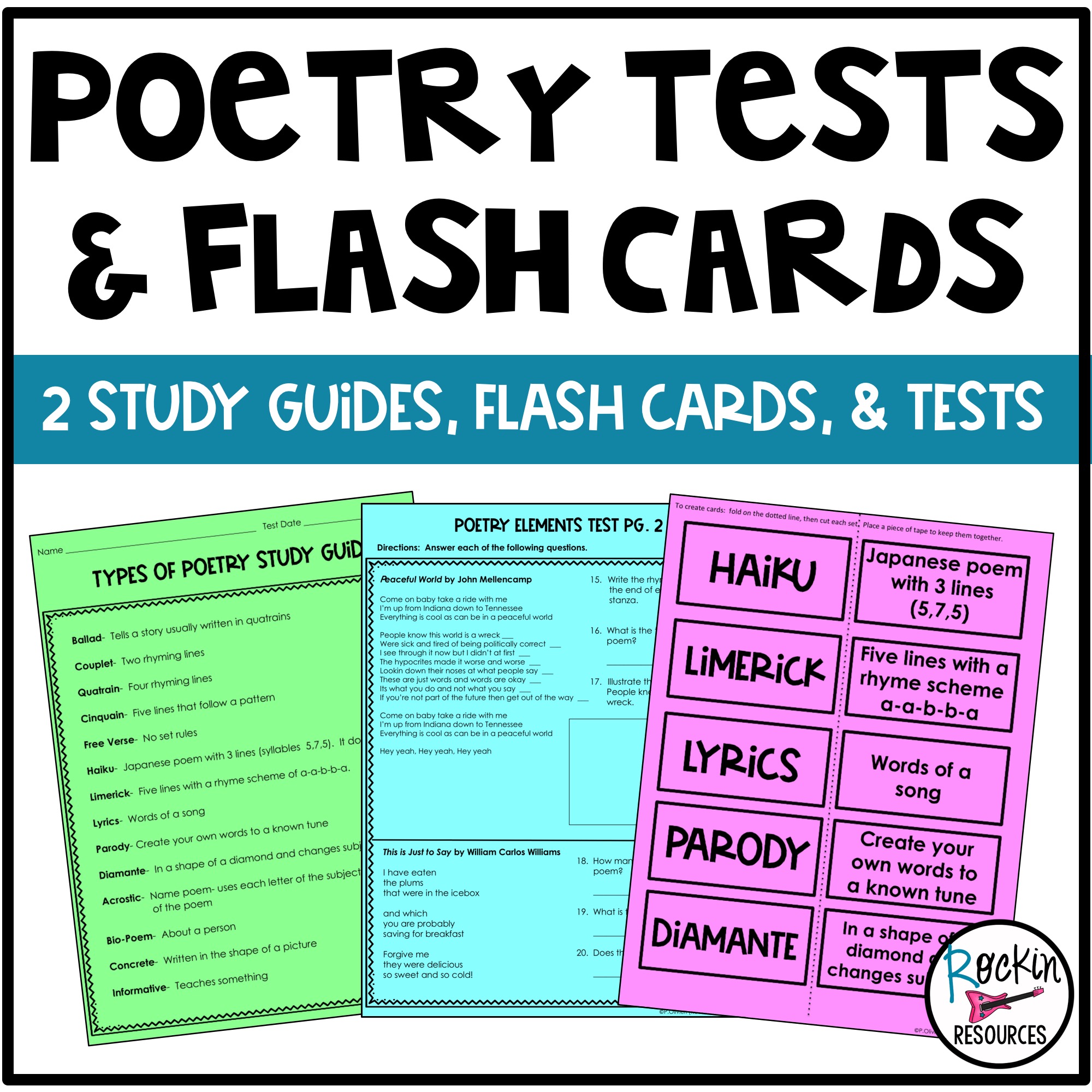 Poetry Tests (2 study guides, flash cards, and tests) Rockin Resources