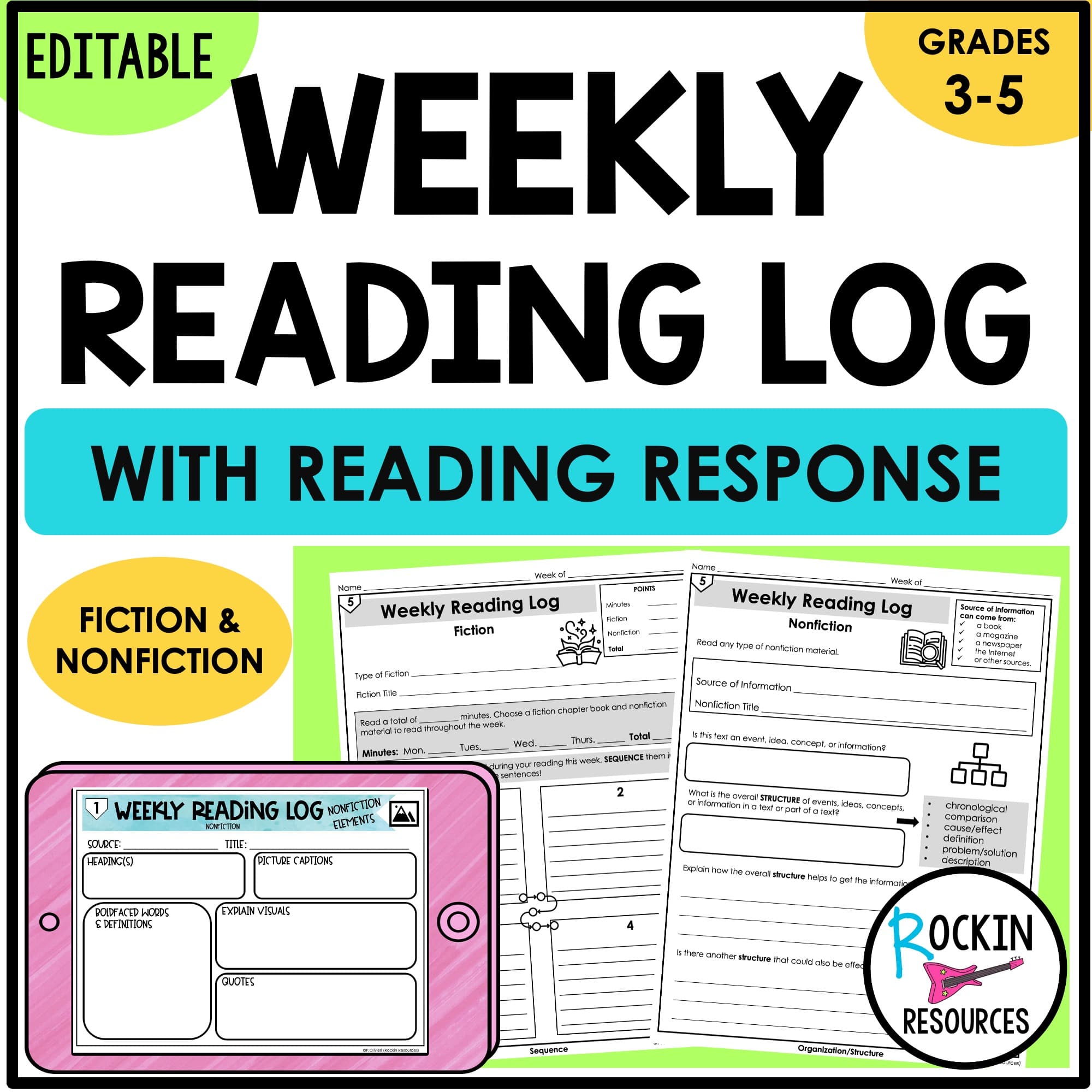 Use our reading curriculum to help your seventh grader practice their reading comprehension and writing skills. Editable Weekly Reading Log Fiction And Non Fiction Rockin Resources
