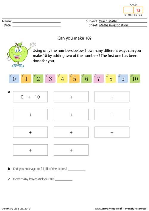primaryleapcouk maths investigation can you make 10 worksheet