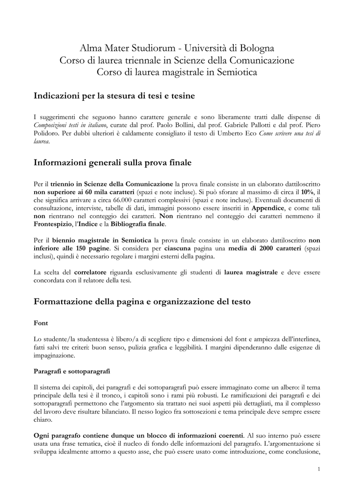 Indicazioni Per La Redazione Della Tesi Di Laurea