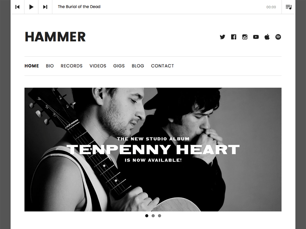Hammer is a minimally modern WordPress theme with bold headlines, a masonry-style blog layout, and all the musician-essential features you’ve come to love from AudioTheme.