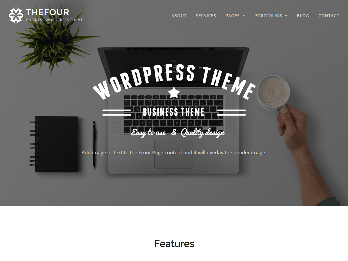 TheFour is a beautiful, creative and responsive theme for bloggers, designers and businesses. Features responsive design, retina-ready assets, impressive hero image with parallax scrolling effect, custom logo, page templates and translation-ready code.
