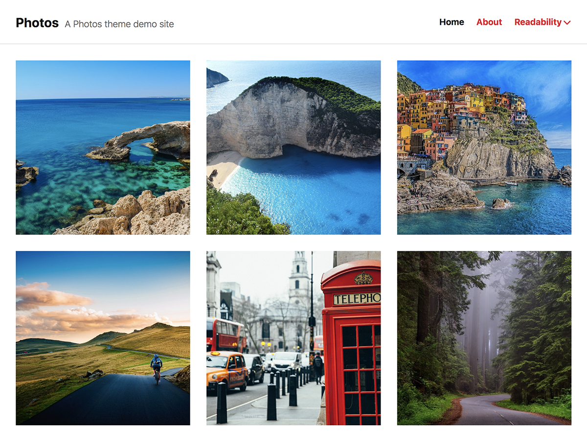 A single-column blogging theme that showcases your photos in a grid format.