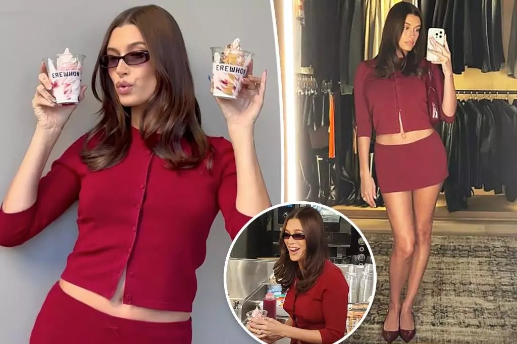 Hailey Bieber Celebrates Valentine’s Day with a Sweet Red Skirt Set