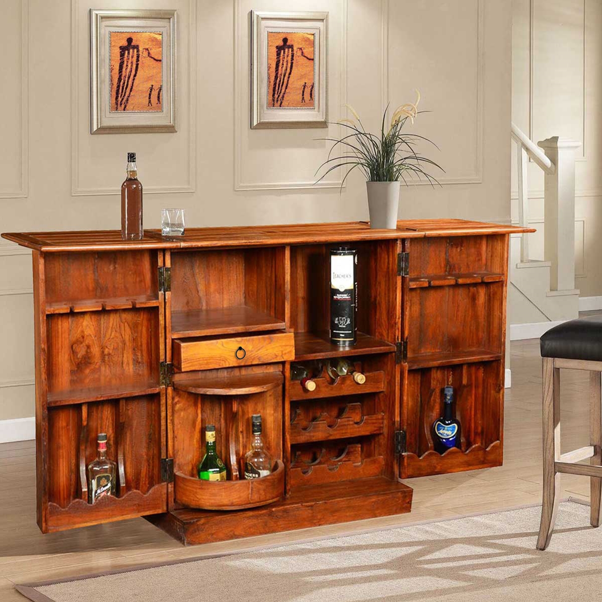 Serve guests with old world style from your own globe bar cabinet that opens to keep favorite beverages and stemware at your fingertips! Double Diamond Solid Wood & Brass Expandable Wine Bar