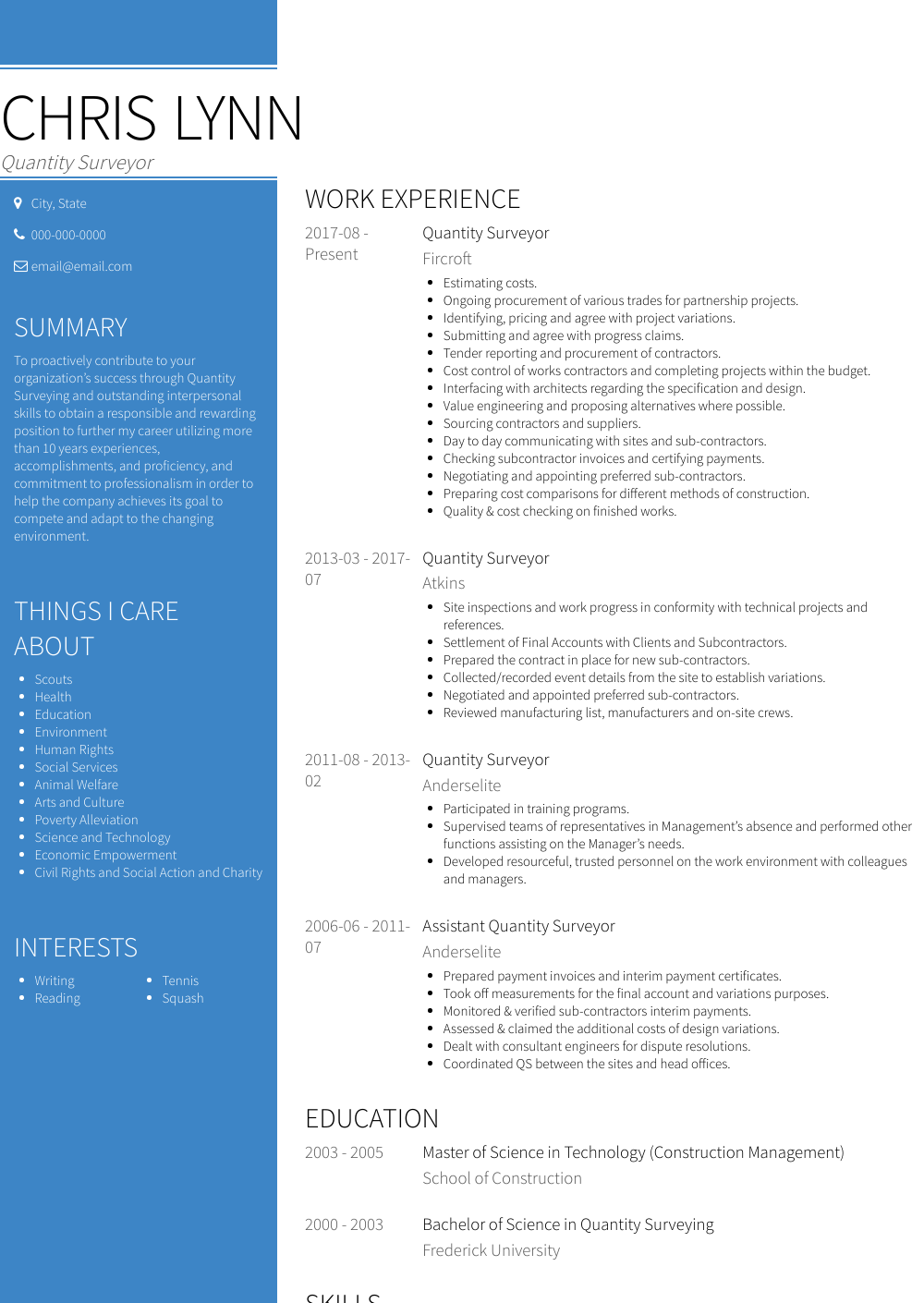 Job hunting alone can be a stressful process without having to worry about if your cv is written appropriately. Quantity Surveyor - Resume Samples and Templates | VisualCV